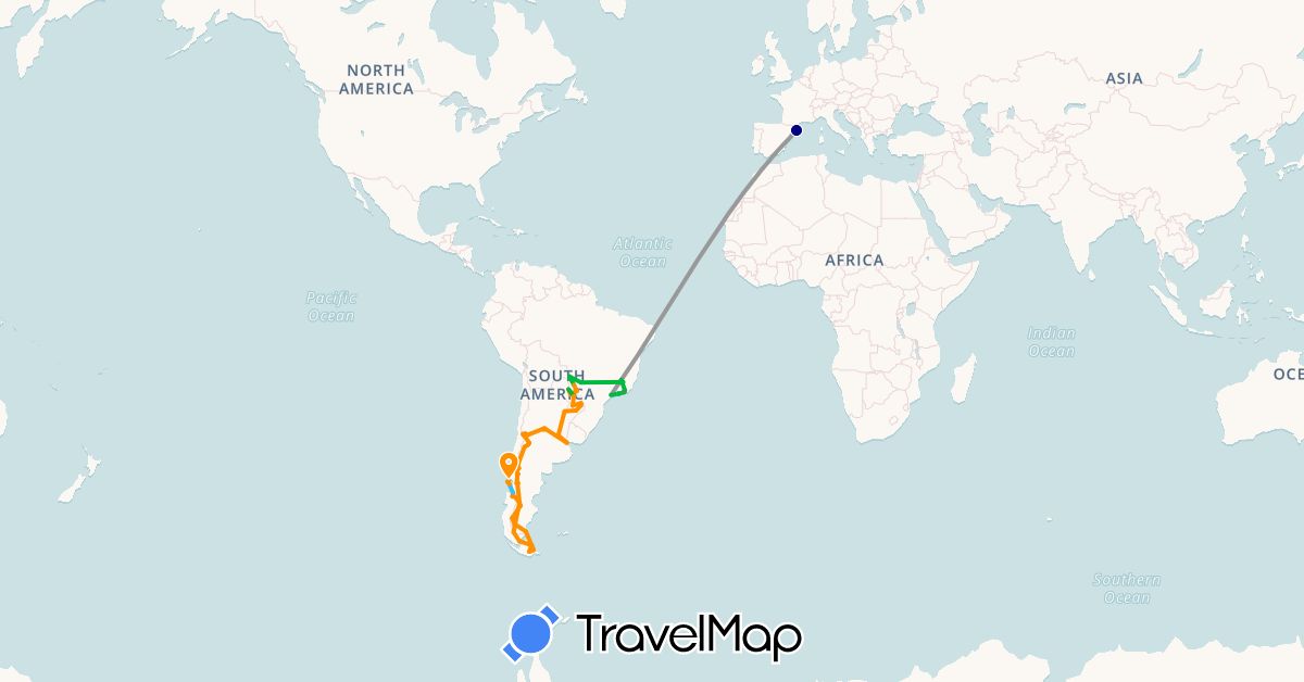 TravelMap itinerary: driving, bus, plane, hiking, boat, hitchhiking in Argentina, Brazil, Chile, Spain, Paraguay (Europe, South America)